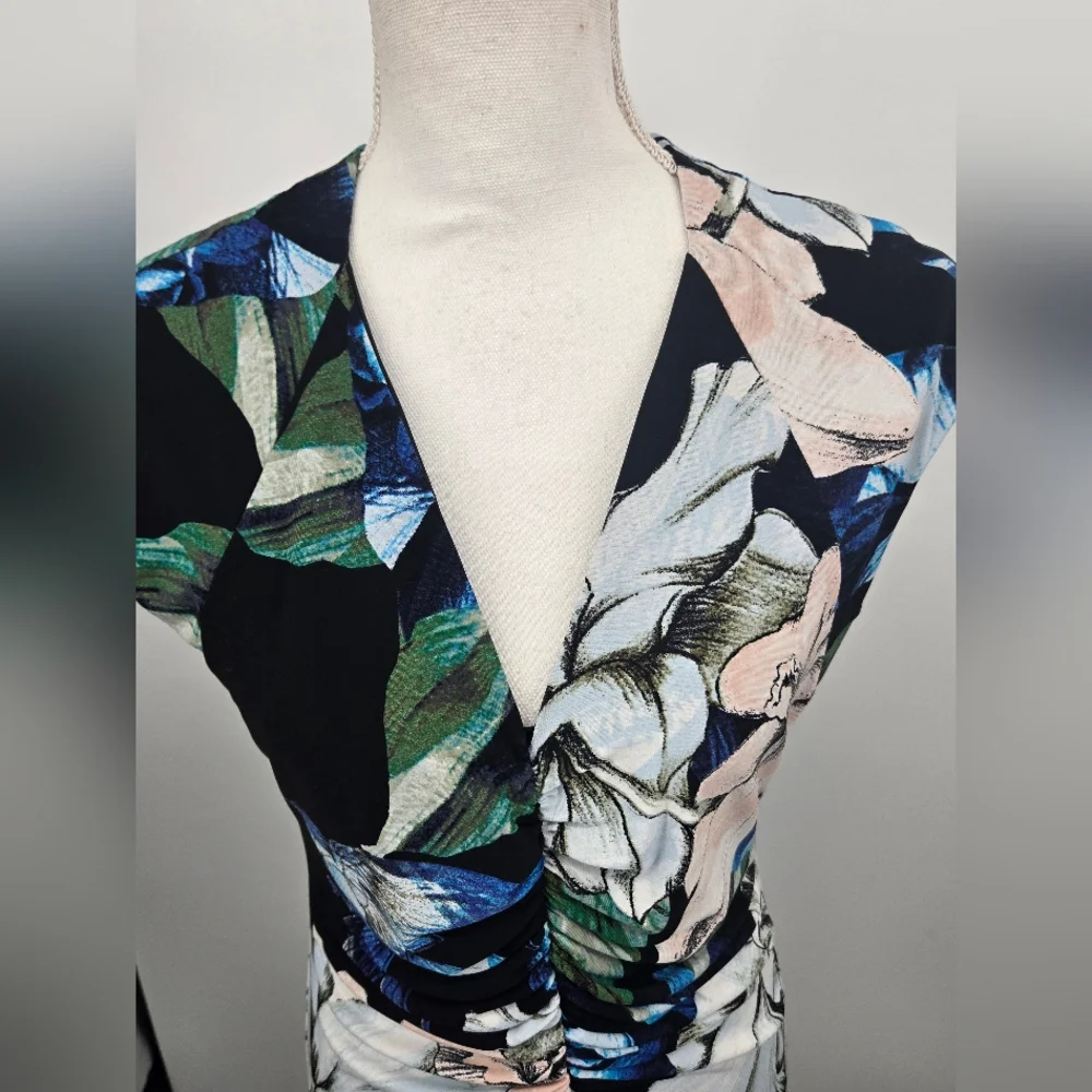 WHBM Green Blue Floral Midi Dress with Front Gathering Medium NWT 6280